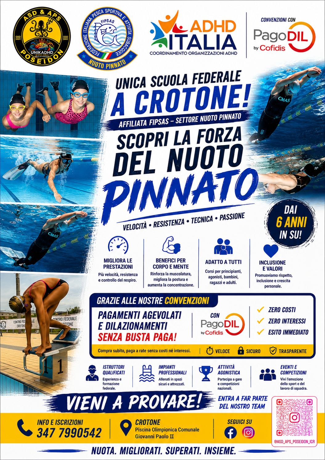Locandina dei corsi di nuoto pinnato Poseidon, dai 6 anni in su, informazioni al 347 7990542